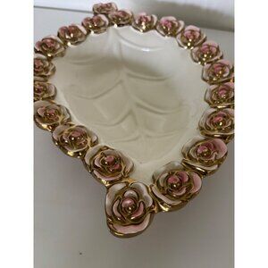 Vintage White & Gold Leaf-Shaped Serving Bowl Pink Rose Accents Mid Century